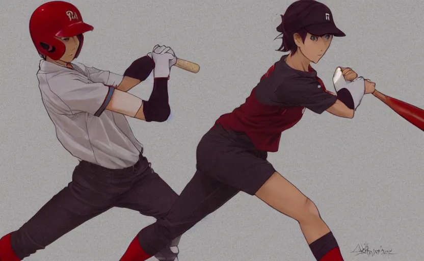 Image similar to anime style, female baseball player using bat, red sport clothing, strike pose, launching a straight ball, brown short hair, hair down, symmetrical facial features, from arknights, hyper realistic, rule of thirds, extreme detail, 4 k drawing, safebooru, realistic lighting, by alphonse mucha, greg rutkowski, sharp focus, backlit