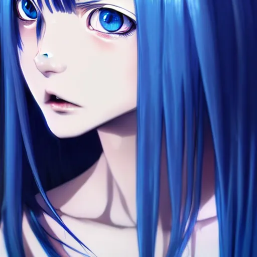 Image similar to attractive long blue - haired girl with bangs gothic anime character with amber eyes, screenshot, anime, sharp focus, intricate, illustration, cell shaded, digital painting, highly detailed, concept art, matte, art by ilya kuvshinov and kyoto animation and wlop, anime character, and greg rutkowski, studio quality, masterpiece