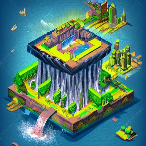 Prompt: isometric fantasy art of a giant waterfall city with tall skybridges and turrets, bold colors, detailed