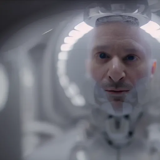 Prompt: VFX movie closeup portrait of a man observing a futuristic ai brain in a clean room, by Emmanuel Lubezki