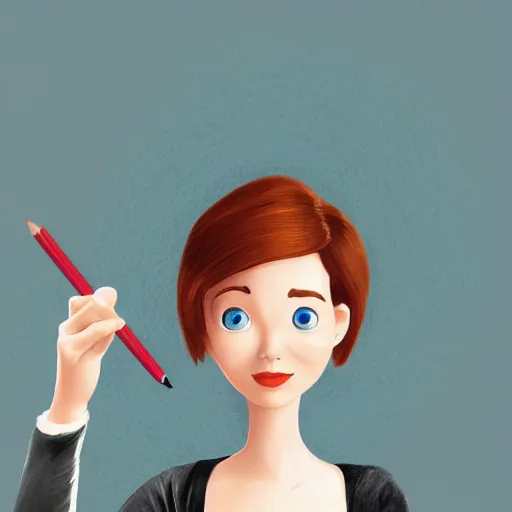 Prompt: Digital art of portrait of a woman, holding pencil, inspired, head-and-shoulders shot, white background, cute Pixar character