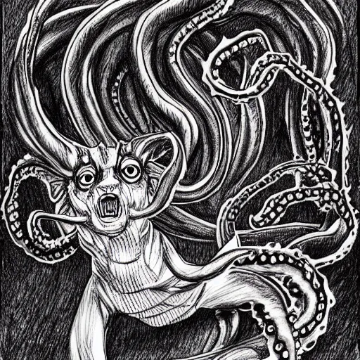 Prompt: eldritch horror corgi demon, tentacles, monster, terrifying, ominous, manga by junji ito, detailed drawing, dark