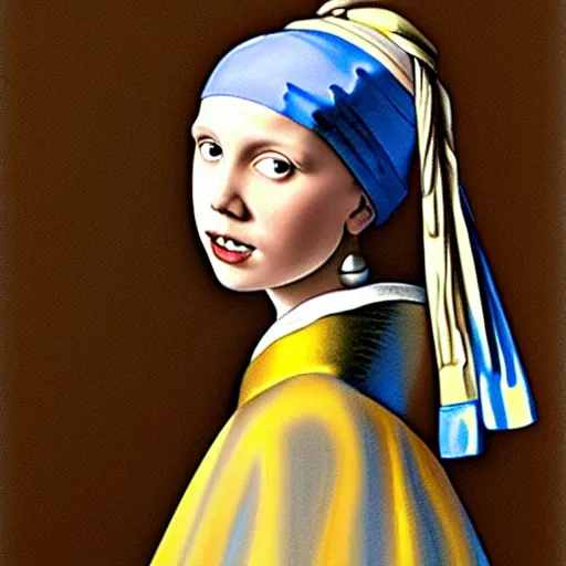 Prompt: Painting of Millie Bobby Brown with the pearl earring by Johannes Vermeer