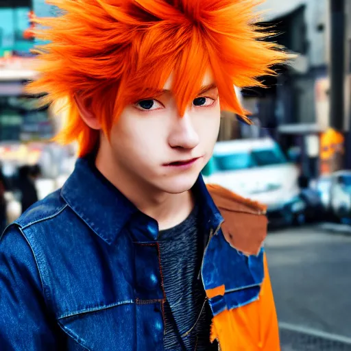 Image similar to orange - haired anime boy, 1 7 - year - old anime boy with wild spiky hair, wearing blue jacket, shibuya street, bright sunshine, strong lighting, strong shadows, vivid hues, sharp details, subsurface scattering, intricate details, hd anime, high - budget anime movie, 2 0 1 9 anime