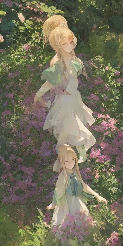 Image similar to a digital art of a loli with long hair in a dress in the privet garden at after noon, green and warm theme, back lighting, by krenz cushart and mucha and akihito yoshida and greg rutkowski and makoto shinkai, geometric shapes, hard edges, extremely long shot, detailed eyes, 4 k resolution, trending on art station