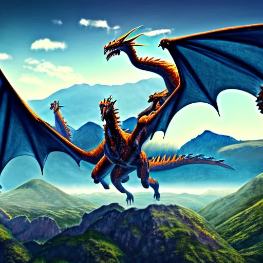 Image similar to a vast landscape of mountains and sky with a group of hyper detailed dragons flying through the sky photorealistic