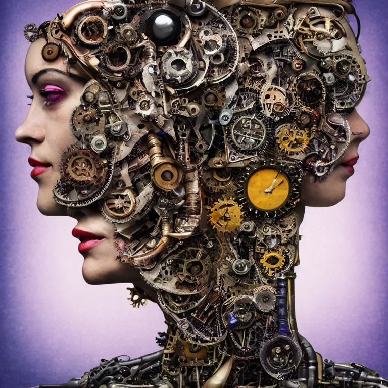 Image similar to profile portrait of a woman, computer parts, mechanical parts, by giuseppe arcimboldo, steampunk, cyberpunk, futuristic, psychedelic, surreal, sci - fi, vaporwave, alien, dreamlike.