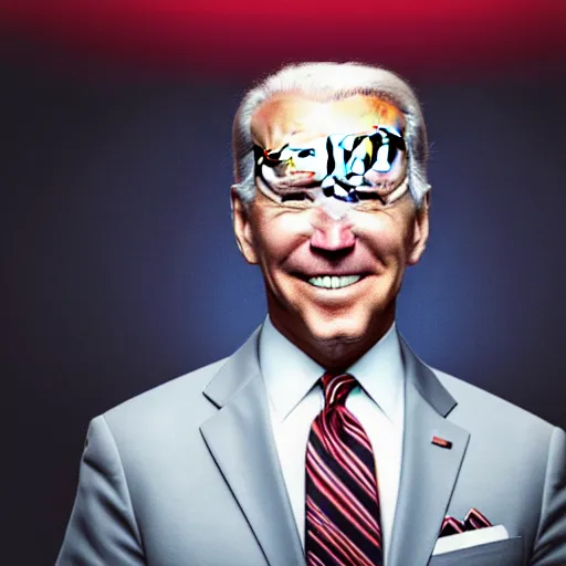 Prompt: cinematic portrait of joe biden with glowing red eyes wearing futuristic armor, black background, dramatic,