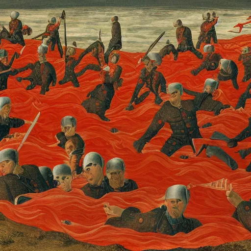 Prompt: painting of a russian soldiers swimming in an ocean of blood. Rennaissance. Extremely detailed. 8k —H 704 —W 704 —C 15.0 —n 6 —i —s 150