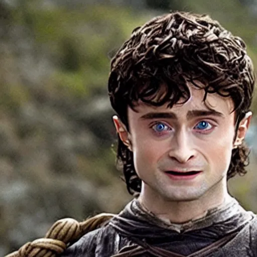 Prompt: Film still of Daniel Radcliffe as Frodo in Lord of the Rings: The Return of the King