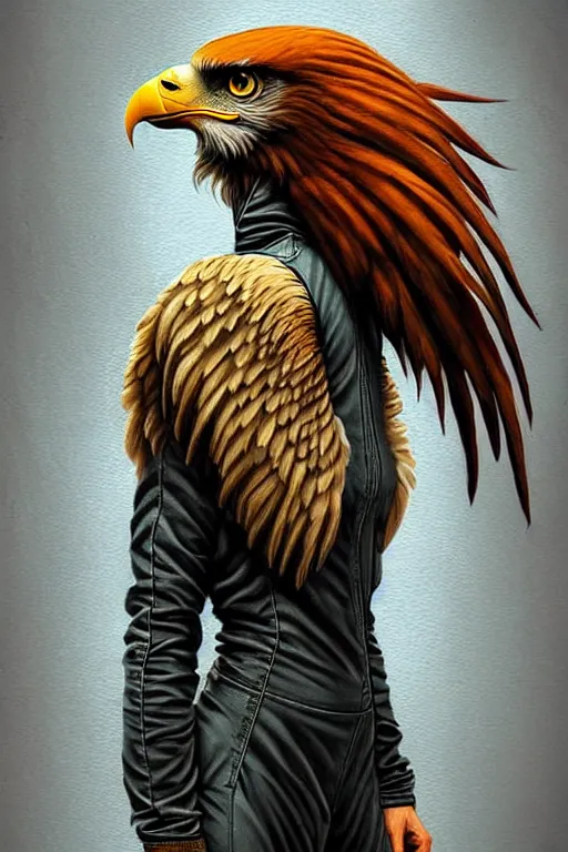 Prompt: epic professional digital art of female human - eagle hybrid animal wearing air force jumpsuit, humanoid feathered head, eagle beak, painting, by lisa roet, artgerm, todd mcfarlane, leesha hannigan, artstation, cgsocietywlop, epic, much wow, much detail, gorgeous, detailed, cinematic, masterpiece