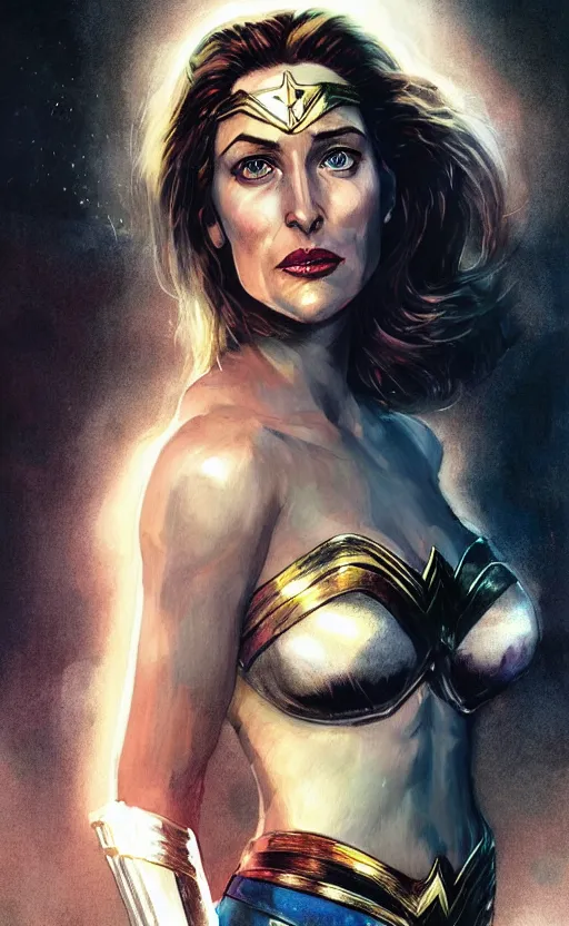 Prompt: portrait of Gillian Anderson dressed as wonder woman , detailed intricate ink illustration, dark atmosphere, detailed illustration, hd, 4k, digital art, overdetailed art, concept art, by greg rutkowski, by loish, complementing colors, Trending on artstation, deviantart , comic cover art