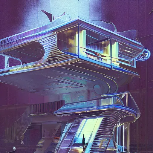 Prompt: painting of syd mead artlilery scifi parametric house with ornate metal work lands on a sidewalk, filigree ornaments, volumetric lights, simon stalenhag