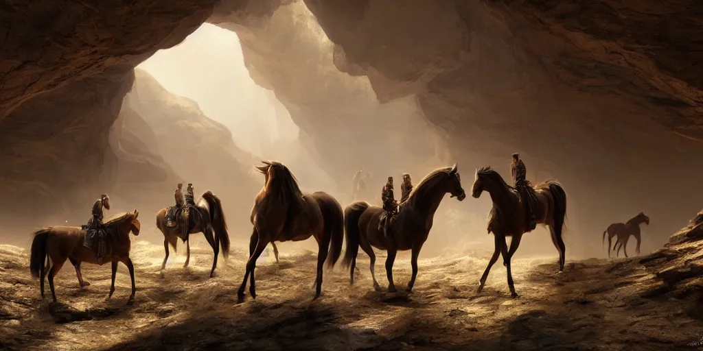 Prompt: of brown horses in a low light lit cave hurdled in a group, highly detailed, intricate, digital painting, trending on artstation, concept art, matte painting, art by greg rutkwowski, craig mullins, octane render, 8 k, unreal engine