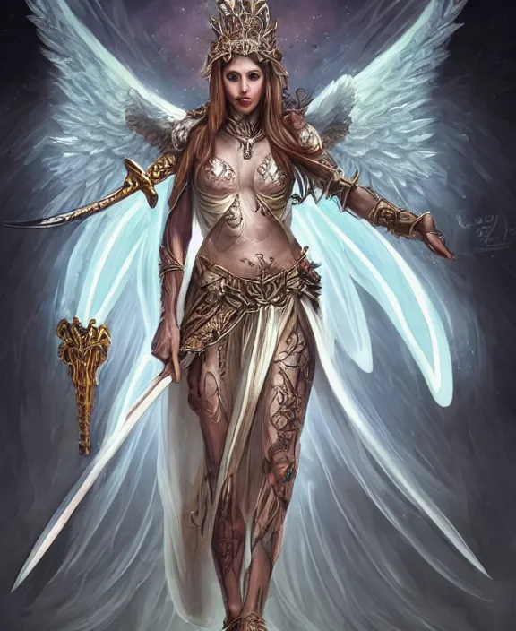 Image similar to full body design of a pretty female angel holding a sword with both hands while flying, body covered in religious tattoos glowing, white iridescent angel wings opened, D&D, fantasy, highly detailed, digital art, trending on artstation, smooth, sharp focus, illustration, art by Peter Tang and artgem