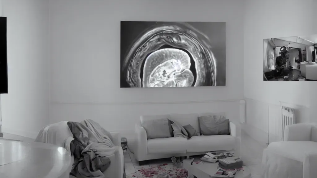 Image similar to an mri image in the living room, film still from the movie directed by denis villeneuve with art direction by salvador dali, wide lens
