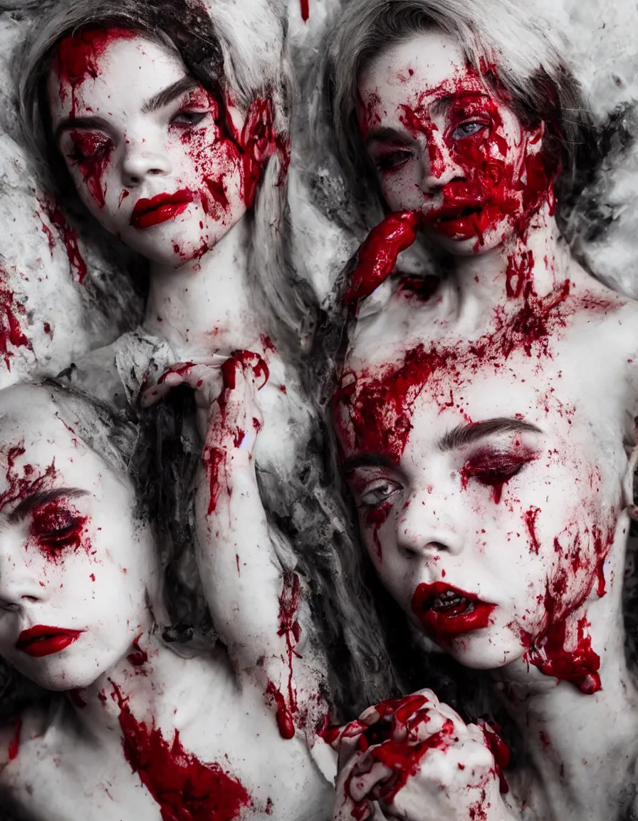 Prompt: hyper - realistic marble sculpture of anya taylor joy, red lipstick, dripping blood, leaking make - up, vogue photoshoot, glamour, long dress, abandoned, gloomy, full moon, darkness, night sky, hard lighting, full body portrait, photography, high contrast