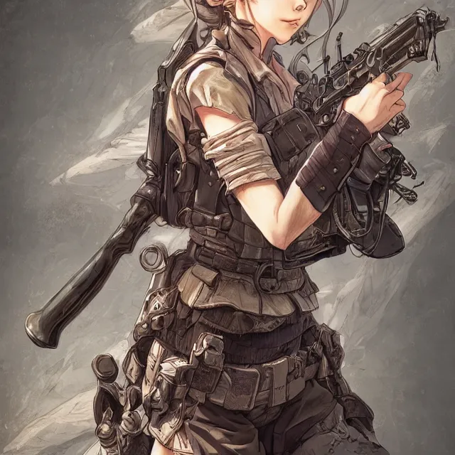 Image similar to the portrait of lawful neutral semi - colorful female infantry gunner as absurdly beautiful, gorgeous, elegant, young anime woman, an ultrafine hyperdetailed illustration by kim jung gi, irakli nadar, intricate linework, bright colors, octopath traveler, final fantasy, unreal engine 5 highly rendered, global illumination, radiant light, detailed and intricate environment