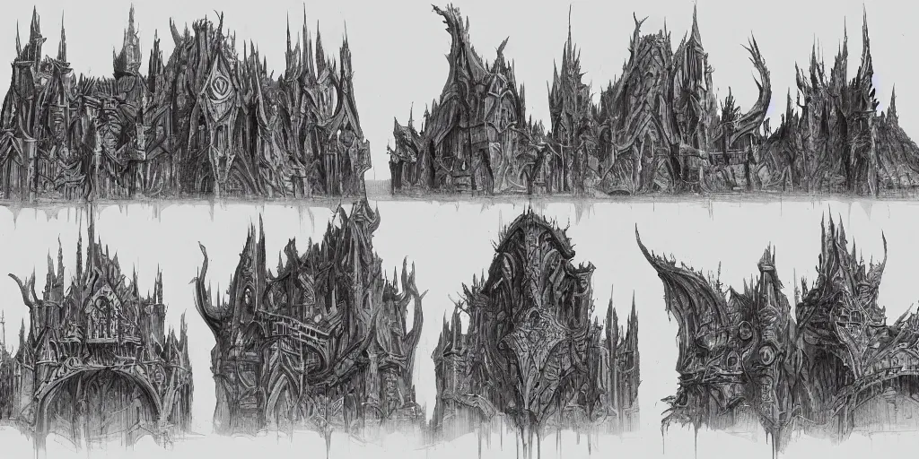 Image similar to a set of fantasy architectural concepts, drawn by luke adam hawker, world of warcraft, dungeons and dragons, concept art, sketches, ink and pen.