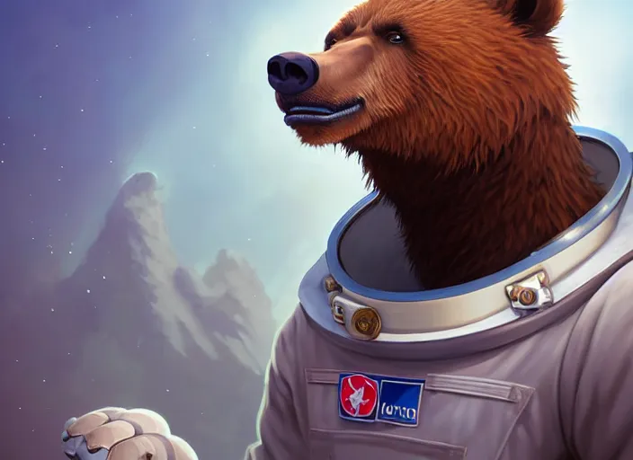 Image similar to character portrait feature of the anthro male anthropomorphic kamchatka brown bear fursona wearing cosmonaut outfit uniform professional pilot astronaut cosmonaut spirited disciplined character design stylized by charlie bowater, ross tran, artgerm, and makoto shinkai, detailed, soft lighting, rendered in octane