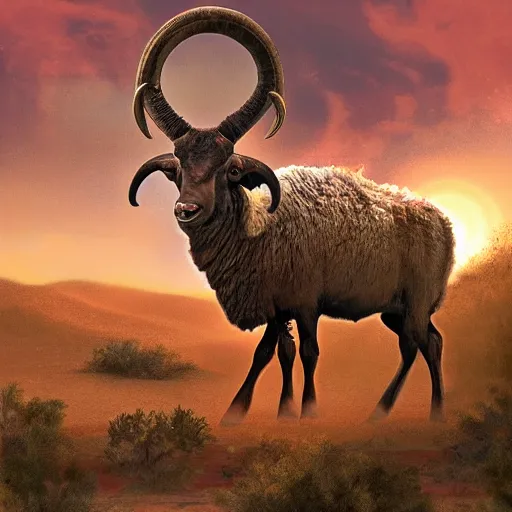 Prompt: ram stuck to a bush by it's horns, caught with its horn in a bush. Desert mountain background. Sunrise. digital painting, concept art, highly detailed, promotional art, HD, digital painting, trending on ArtStation, golden ratio, rule of thirds