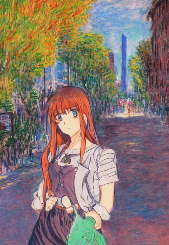 Image similar to wide angle portrait of a teenage girl, a thrifty outfit, very anime in impressionist style, city background, anime trending artwork, anime painter studio, by claude monet