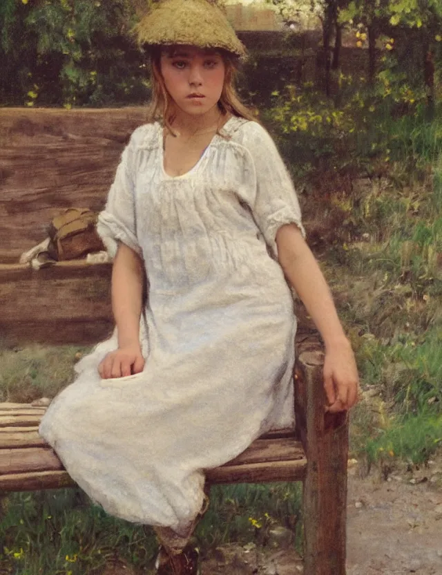 Image similar to portrait of peasant girl sitting on a bench and drinking milk, cottage core, cinematic focus, polaroid photo bleached vintage pastel colors high - key lighting, soft lights, foggy, by steve hanks, by lisa yuskavage, by serov valentin, by tarkovsky, 8 k render, detailed, oil on canvas