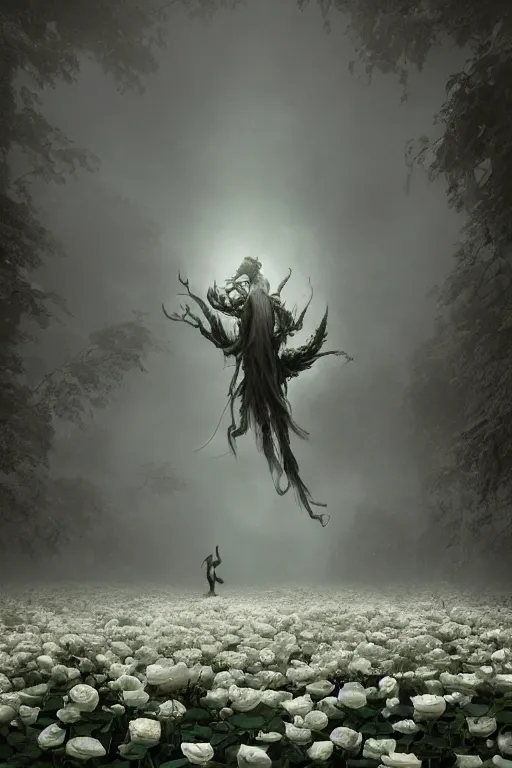 Prompt: Surreal Demon Floating in the air, in the middle of a garden of white roses, Cinematic environment, insanely detailed, mist, trending on artstation, golden ratio, ultra super good photography by Pete Morbacher and Zdzisław Beksiński