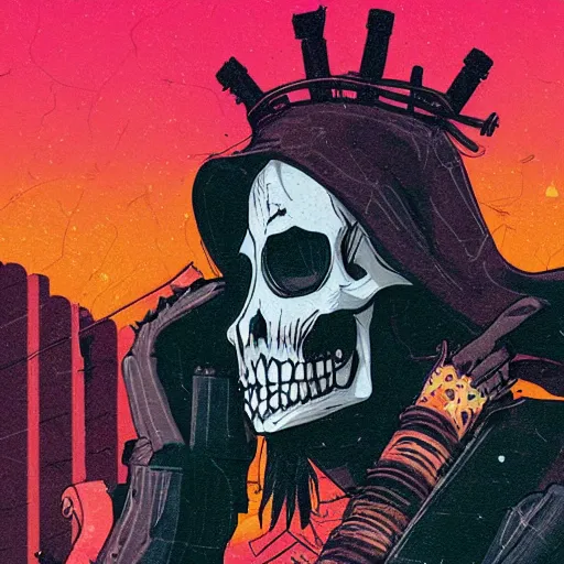 Prompt: a colorfully detailed comic noir style illustration of a beautiful woman wearing a skeleton suit in a post-apocalyptic desert by queens of the stone age and sachin teng, dark vibes, street art, cinematic, high contrast, depth of field