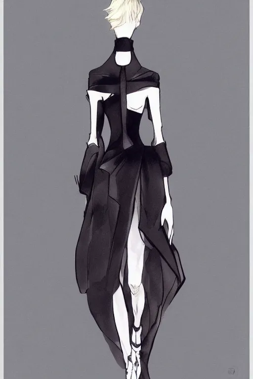 Image similar to dior haute couture dress, concept art, dark colors, high end fashion, style by yoji shinkawa, full body shot