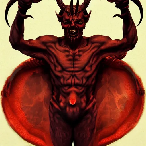 Image similar to the _ devil _ holding _ a _ skull _ red _ horns _ ominous _ fiery _ background _ symmetrical _ detailed _ face _ despair _ highly _ detailed _ high _ resolution _ sandro _ botticel