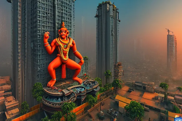 Image similar to high quality 3 d cyberpunk biomorphic hanuman! head building in the middle of mumbai!!, kalighat highly detailed, cinematic smooth, stephen shore & john j. park, soft morning light, wide shot, high angle, uhd 8 k, deep focus