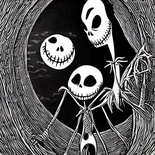 Image similar to “ a nightmare before christmas, jack skellington dances with sally, future world, art style by philippe caza, award winning concept art, highly detailed rendering. ”