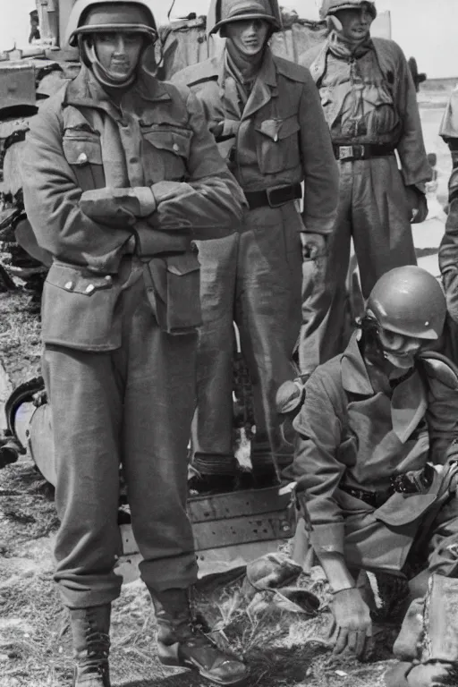 Prompt: A man in power armor stands next to World War II soldiers in a general photo near a tank, old photo, realism, attention to detail