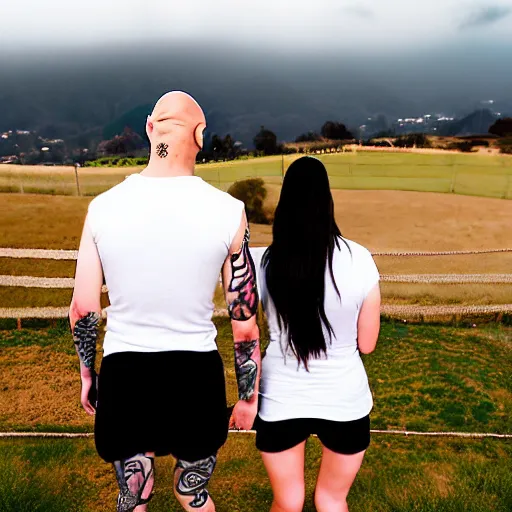 Prompt: portrait of a bald white male tattoos and his white female brown hair wife with tattoos. male is wearing a white t - shirt, tan shorts, white long socks. female is has long brown hair and a lot of tattoos. photo taken from behind them overlooking the field with a goat pen. rolling hills in the background of california and a partly cloudy sky