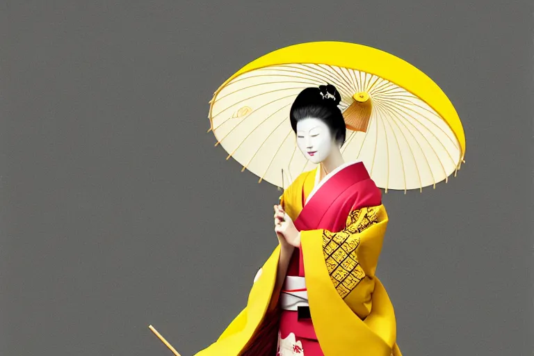 Prompt: surreal fullbody Portrait of japanese geisha with yellow umbrella in dmt chromatic misty enviroment, elegant, highly detailed, smooth, sharp focus, illustration, beautiful, geometric, dmt trending on artstation, cinematic, artwork by WLOP