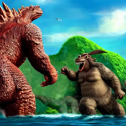 Prompt: Godzilla and Donkey Kong on a fishing trip, hyper realistic, HD, HQ, photo realistic