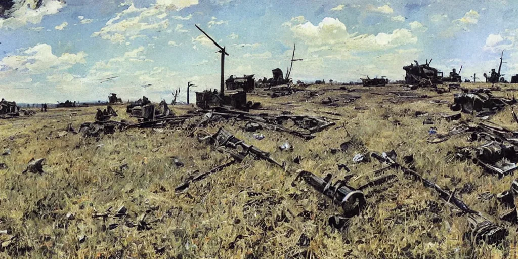 Prompt: aftermath of a battle on the Eastern Front, WW2, sunny day, painting by Isaac Levitan