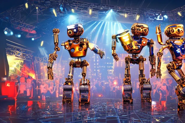 Image similar to scene from the voice of america, on stage are 4 golden and blue metal humanoid steampunk robots dancing, robots are wearing and gears and tubes, eyes are glowing red lightbulbs, shiny crisp finish, 3 d render, 8 k, insaneley detailed, fluorescent colors, nightlight