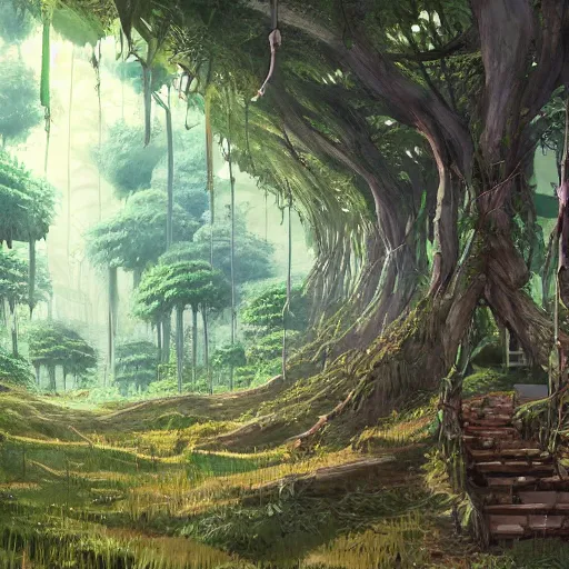 Image similar to concept art painting of a forest with treehouses made of trees and roots, doors and windows inside trees, vines, deep forest, realistic, detailed, cel shaded, in the style of makoto shinkai and greg rutkowski and james gurney