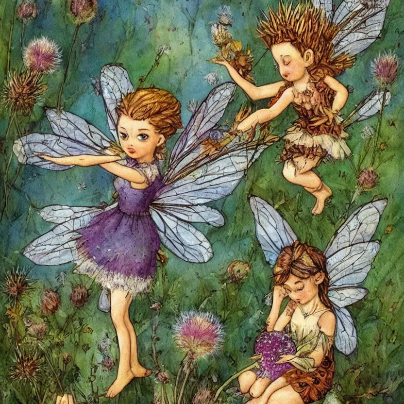 Image similar to a beautiful fairytale painting of a cute thistle seed fairy, a fairy made out of a thistle seed.