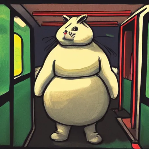 Prompt: Grainy vintage illustration of big chungus in real life on a subway train hunting the viewer for sport, full body portrait, hyper-realism