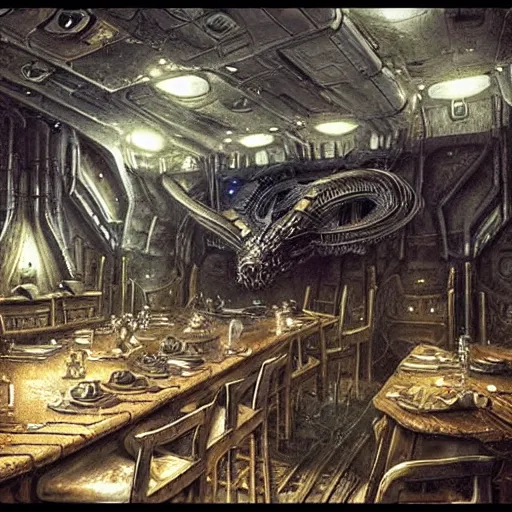 Prompt: scene from prometheus movie, hr giger artlilery spaceship lands in country tavern, filigree ornaments, volumetric lights, micheal whelan