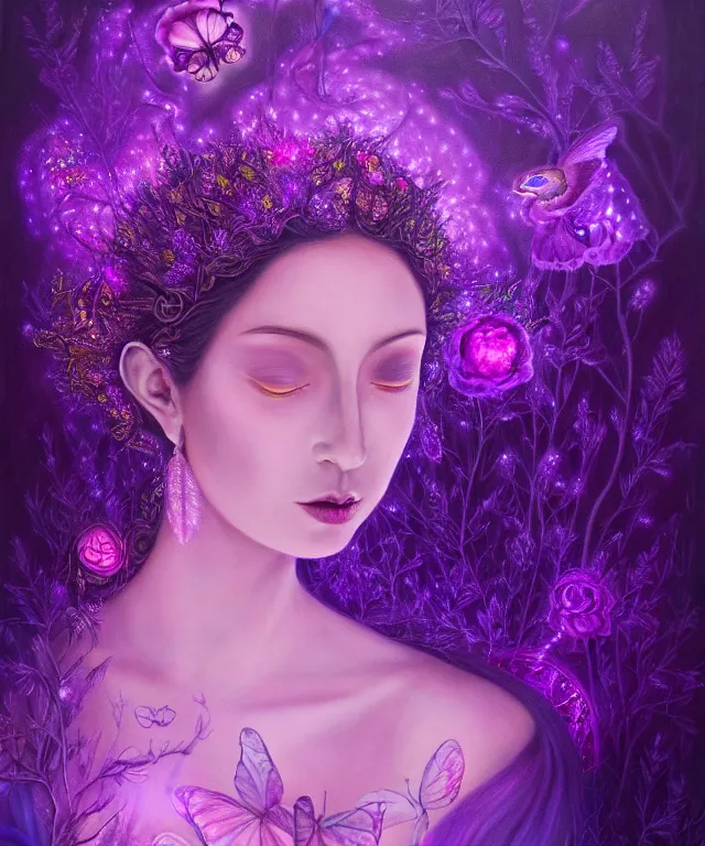 Prompt: ultra detailed, magical realism, portrait painting, of the beautiful empress within the enchanted purple forest, glowing purple, volumetric lighting, illusion, intricate details, by whitney sherman.