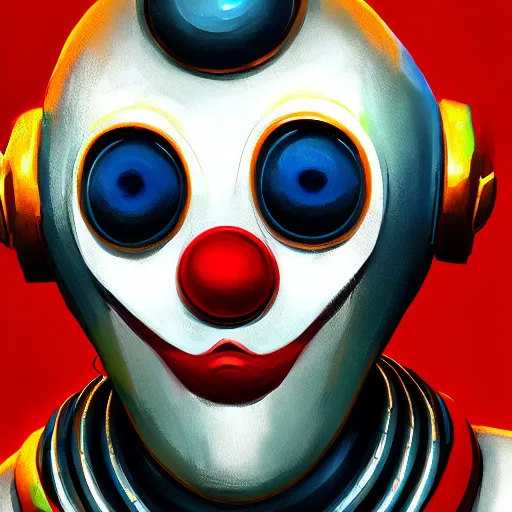 Image similar to concept art of robot clown by jama jurabaev, cinematic shot, brush hard, artstation, cgsociety, high quality, brush stroke