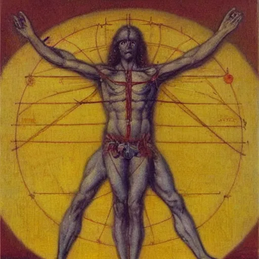 Image similar to occult vitruvian man. oil on canvas. ars goetia. by heade and the dark crystal.