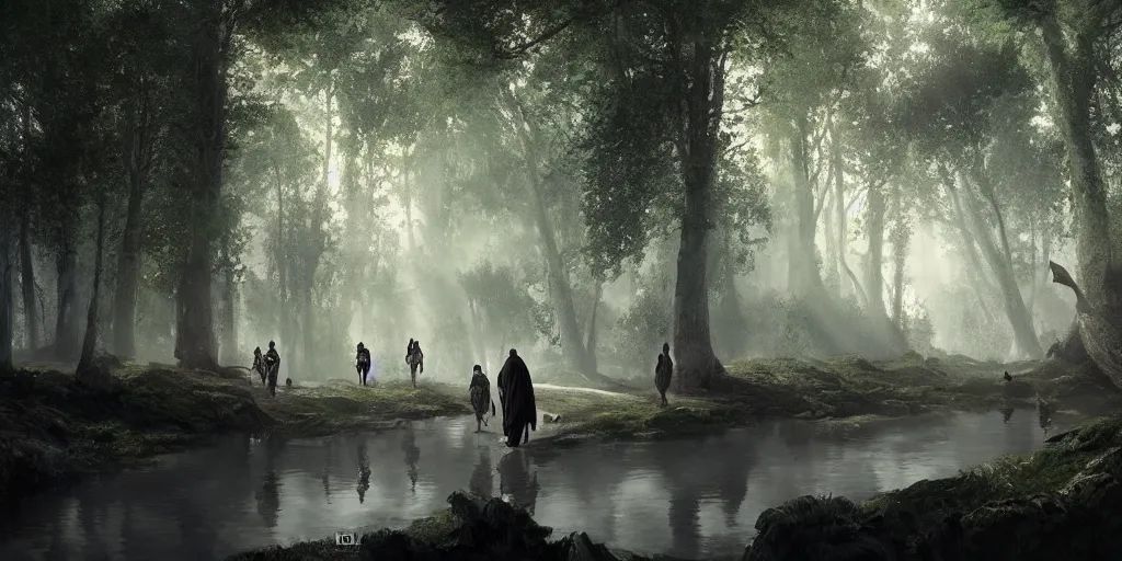 Image similar to muslim adventurers walking along the river bank in a forest, an epic fantasy, dramatic lighting, cinematic, extremely high detail, photorealistic, cinematic lighting, matte painting, artstation, by Christopher Nolan, horizon forbidden west