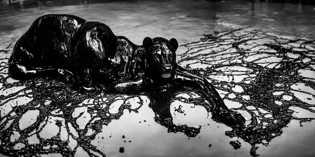 Image similar to the black lioness made of ferrofluid, laying on their back, bathing in a bathrub filled with tar, dripping tar, drooling goo, covered in slime, sticky black goo, dripping goo, sticky black goo. photography, dslr, reflections, black goo, rim lighting, cinematic light, tar pit, chromatic, saturated, slime, modern bathroom