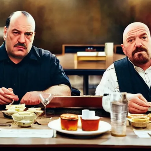 Image similar to tony soprano and walter white eating at a diner together, photorealistic, alone in the diner, having a good time, hyperrealistic, 8 k, ultra hd