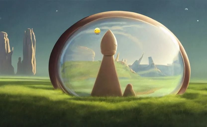 Image similar to a scary hyperrealist painting of a rocketship in a giant transparent forcefield crystal ball from howl's moving castle ( 2 0 0 4 ) in a flooded monument valley stonehenge jungle. depth perception, 4 k, artstation, in the style of studio ghibli